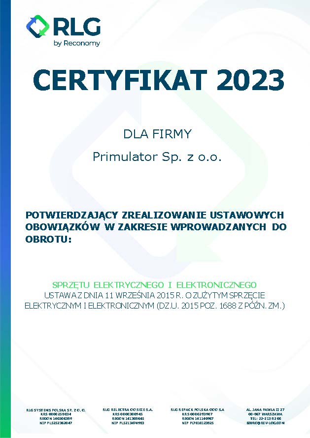 Utlizacja ekologia urządzenia elektroniczne Primulator certyfikat 2023
