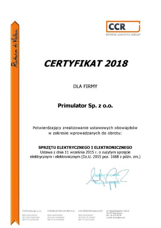 Utlizacja ekologia urządzenia elektroniczne Primulator certyfikat 2018