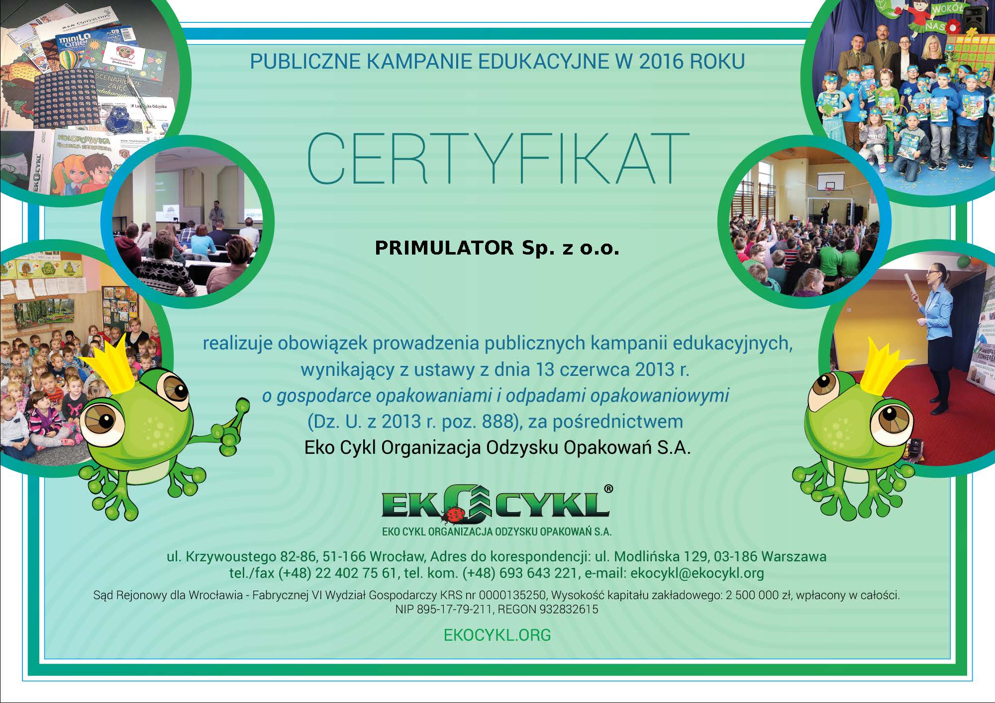 Polityka ekologiczna Primulator Ekocykl certyfikat 2016