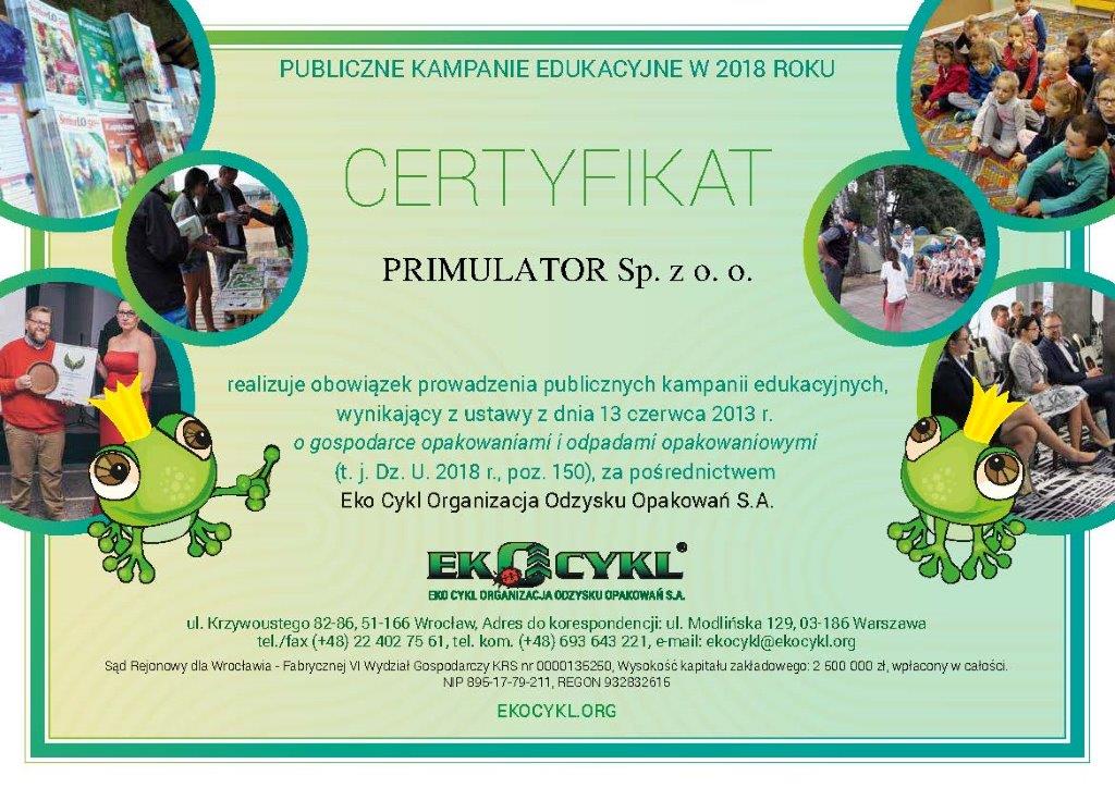 Polityka ekologiczna Primulator Ekocykl certyfikat 2018