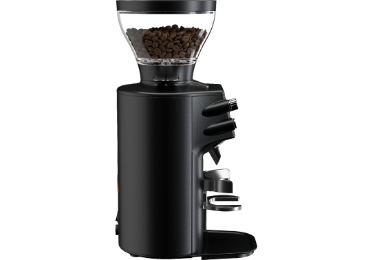Mahlkönig E64 WS czarny – widok boczny profesjonalnego młynka do kawy z technologią Grind-by-Weight i zbiornikiem na ziarna.