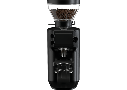 Mahlkönig E64 WS – czarny młynek do kawy wyposażony w hopper na ziarna, cyfrowy ekran i system ważenia do 0,1 g oraz interfejs komunikacji z ekspresami.