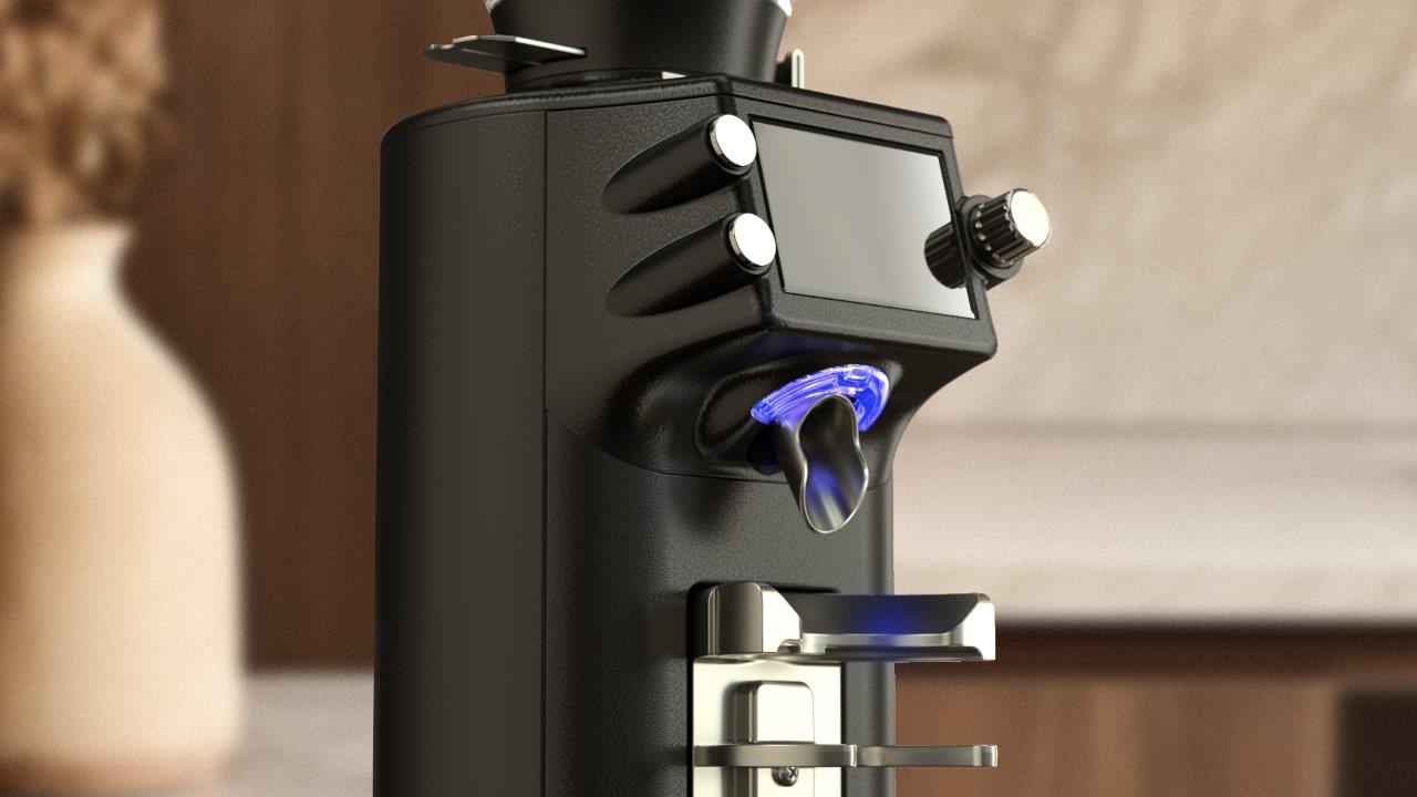 Zbliżenie młynka do kawy Mahlkönig E64 WS w kolorze czarnym, prezentujące precyzyjne wykonanie, metalowy wylot kawy i charakterystyczne niebieskie podświetlenie LED. Widoczny jest także cyfrowy ekran sterujący oraz ergonomiczne pokrętła, które podkreślają nowoczesny design urządzenia.