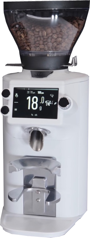 Młynek do kawy Mahlkönig E64 WS Home w kolorze białym z wyświetlaczem cyfrowym, systemem dozowania Grind-by-Weight i technologią automatycznej synchronizacji Grind-by-Sync, zaprojektowany do użytku domowego w ramach ekosystemu Mahlkönig Sync.