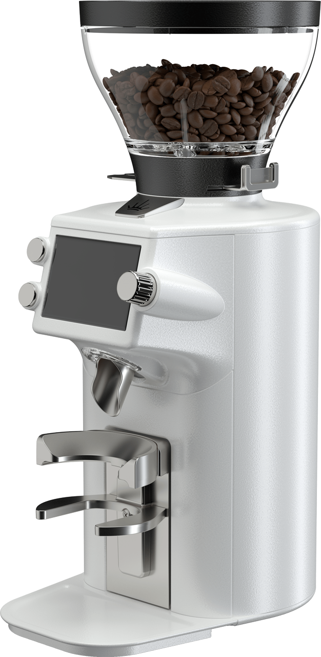 Młynek do kawy Mahlkönig E64 WS w eleganckim, białym wykończeniu. Wyposażony w hopper na ziarna, precyzyjny system Grind-by-Weight oraz elektroniczną regulację mielenia, zapewnia dokładność do 0,1 g. Idealny dla domowych baristów i profesjonalnych kawiarni, łączy minimalistyczny design z najwyższą technologią mielenia.
