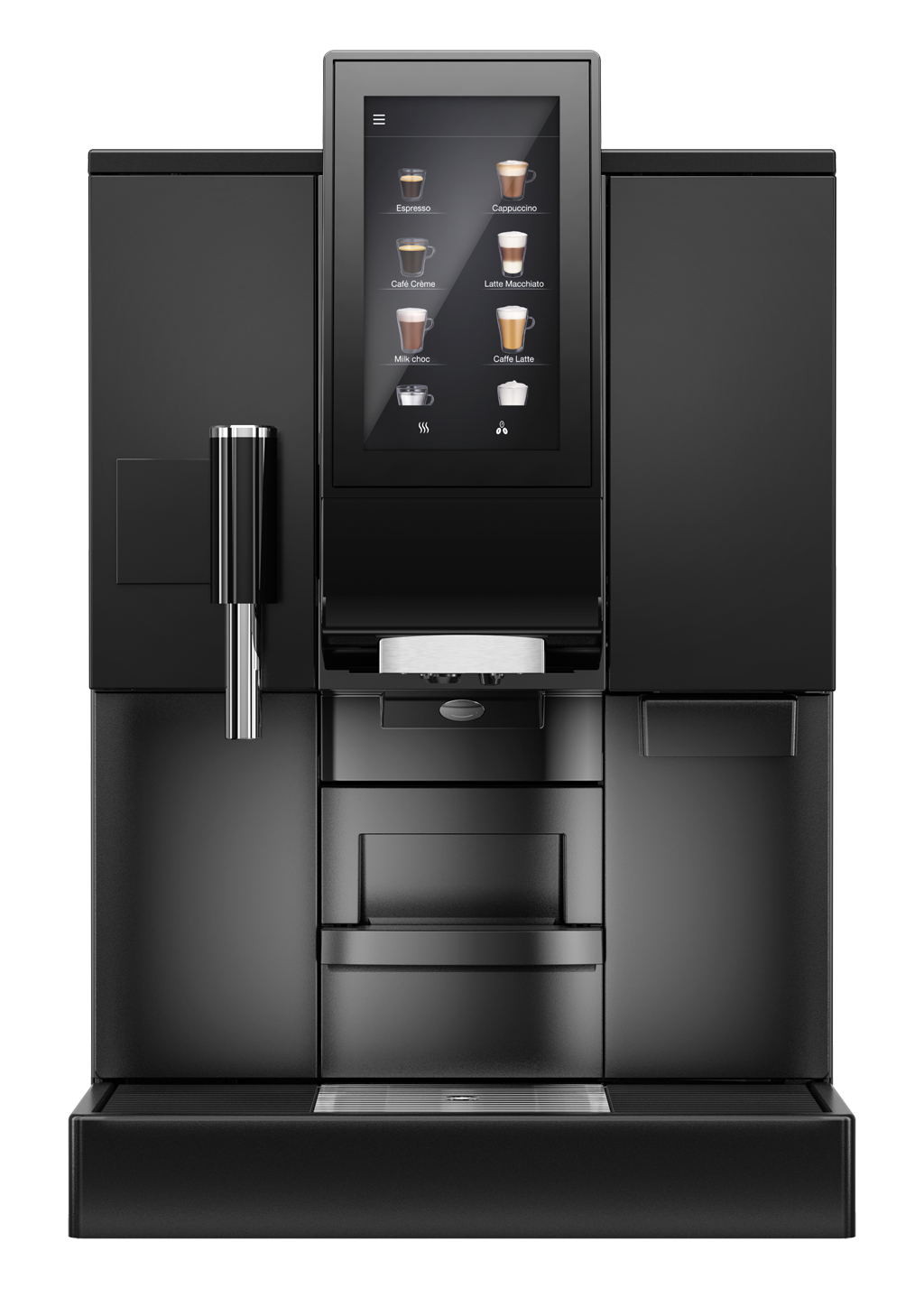 Zdjęcie przedstawia elegancki, czarny automatyczny ekspres do kawy WMF 1100 S Office. Urządzenie ma nowoczesny design, intuicyjny panel sterowania i funkcję spieniania mleka.