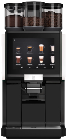 Frontowy widok ekspresu WMF 1500 S+ Classic w wersji Black Edition, wyposażonego w dwa młynki do kawy ziarnistej oraz system mleczny. Intuicyjny ekran dotykowy umożliwia szybki wybór napojów, a kompaktowa konstrukcja sprawdza się w biurach, kawiarniach i punktach convenience.